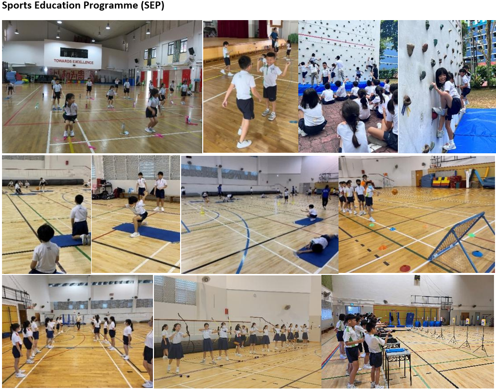 Students in school uniforms doing Sports Education Programme activities including archery, climbing, and gym exercises indoors.
